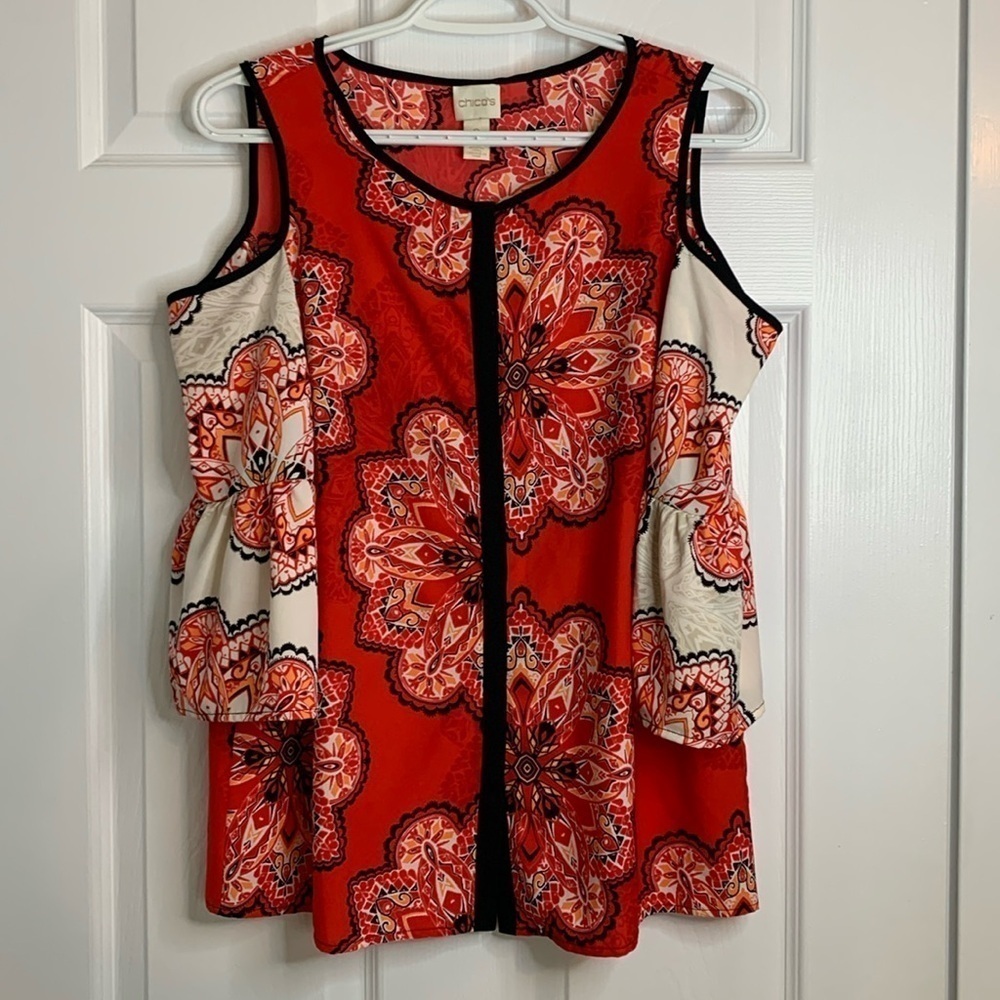 Chico’s Petite Red White Tribal Print Blouse Women’s Size 0 Petite Bold Fun Boho